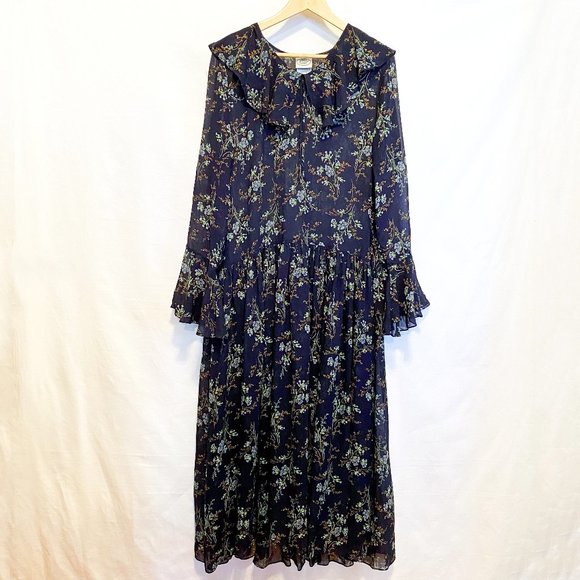 Laura Ashley Vintage Chiffon Drop Waist Dress with Botanical Print - Picture 1 of 11
